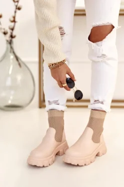 Discount Boto Damskie Skarpetkowe Botki Workery Beżowe Stormy