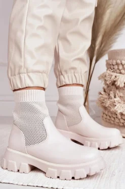 Botki Wiosenne|Damskie Trapery>Boto Damskie Skarpetkowe Botki Workery Ecru Stormy