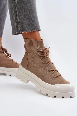 Hot Boto Damskie Skarpetkowe Wsuwane Botki Brązowe Solime