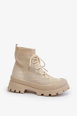 Best Damskie Skarpetkowe Wsuwane Botki Jasnobeżowe Solime Damskie Botki Wiosenne|Botki Sznurowane