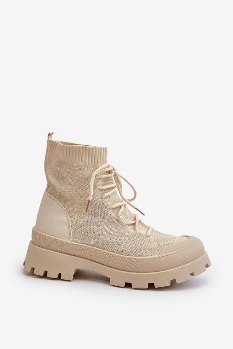 Best Damskie Skarpetkowe Wsuwane Botki Jasnobeżowe Solime Damskie Botki Wiosenne|Botki Sznurowane