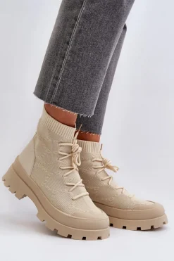 Best Damskie Skarpetkowe Wsuwane Botki Jasnobeżowe Solime Damskie Botki Wiosenne|Botki Sznurowane