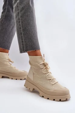 Best Damskie Skarpetkowe Wsuwane Botki Jasnobeżowe Solime Damskie Botki Wiosenne|Botki Sznurowane