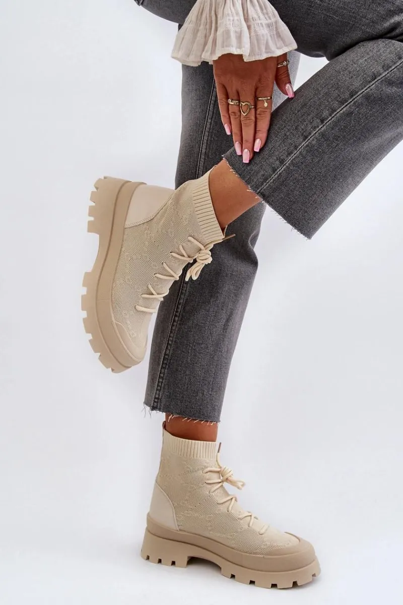 Best Damskie Skarpetkowe Wsuwane Botki Jasnobeżowe Solime Damskie Botki Wiosenne|Botki Sznurowane