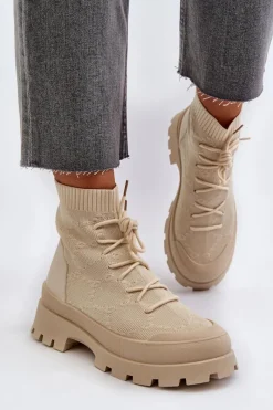 Best Damskie Skarpetkowe Wsuwane Botki Jasnobeżowe Solime Damskie Botki Wiosenne|Botki Sznurowane