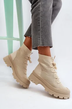 Best Damskie Skarpetkowe Wsuwane Botki Jasnobeżowe Solime Damskie Botki Wiosenne|Botki Sznurowane