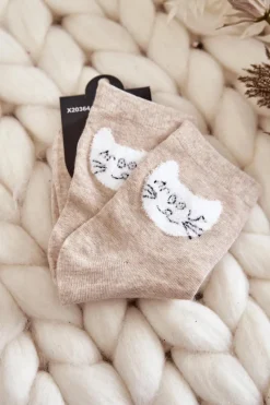 Skarpetki|Skarpetki>Just Play Damskie Skarpety Bawełniane Z Kotem Beżowe