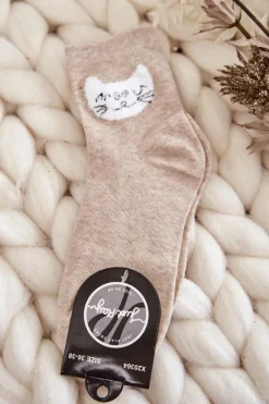 Skarpetki|Skarpetki>Just Play Damskie Skarpety Bawełniane Z Kotem Beżowe