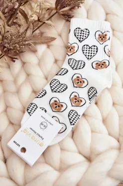 Clearance Damskie Skarpety W Misie I Serca Białe Skarpetki|Skarpetki