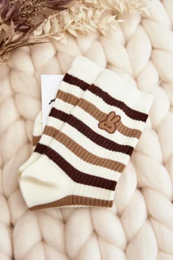 Clearance Damskie Skarpety W Paski Z Króliczkiem Kremowo-Brązowe Skarpetki|Skarpetki