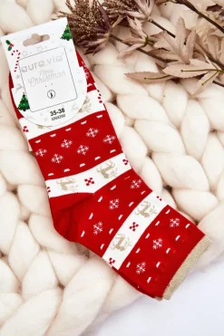 Skarpetki|Skarpetki>Aura.via Damskie Skarpety W Świąteczne Wzory Renifer I Śnieżynki Czerwone