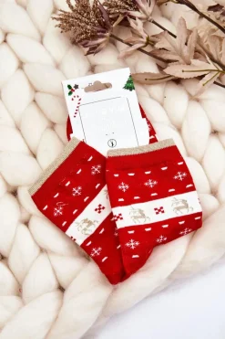 Skarpetki|Skarpetki>Aura.via Damskie Skarpety W Świąteczne Wzory Renifer I Śnieżynki Czerwone