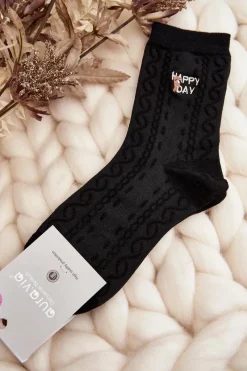 Outlet Damskie Skarpety Wzorzyste Z Napisem I Misiem Czarne Skarpetki|Skarpetki