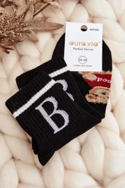 Aura.via Damskie Skarpety Z Misiem Czarne - Wzór 2