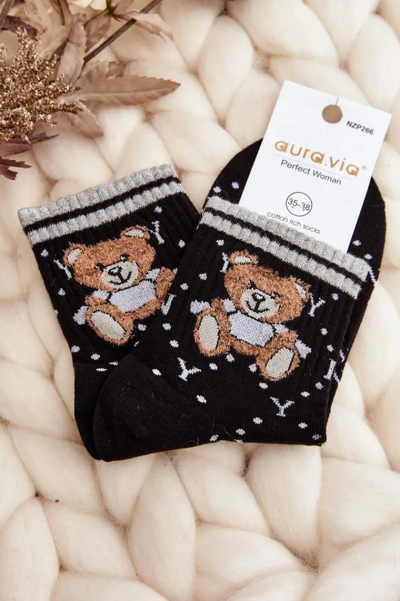 Skarpetki|Skarpetki>Aura.via Damskie Skarpety Z Misiem Czarne