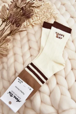 Skarpetki|Skarpetki>Aura.via Damskie Skarpety Z Paskami I Misiem Beżowe