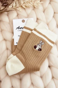 New Aura.via Damskie Skarpety Z Paskami I Króliczkiem Beżowe