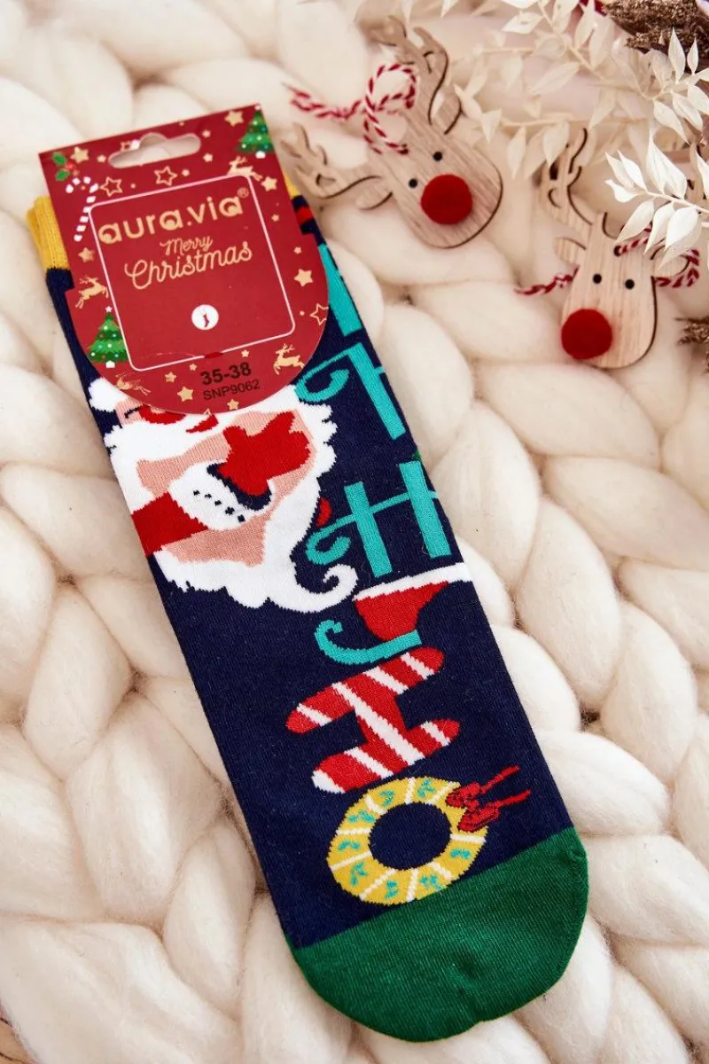 Skarpetki|Skarpetki>Aura.via Damskie Skarpety Ze Świątecznym Wzorem "Ho Ho Ho" Granatowe