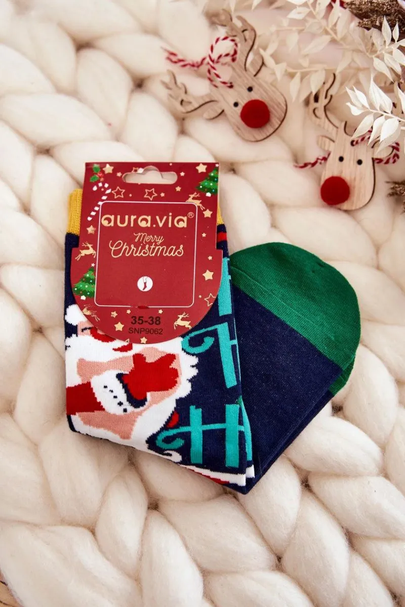 Skarpetki|Skarpetki>Aura.via Damskie Skarpety Ze Świątecznym Wzorem "Ho Ho Ho" Granatowe