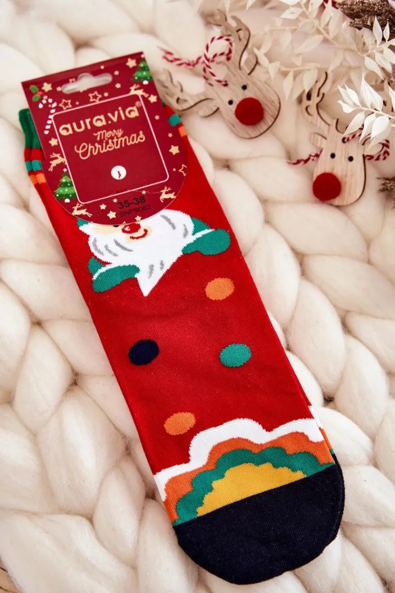 Skarpetki|Skarpetki>Aura.via Damskie Skarpety Ze Świątecznym Wzorem W Mikołaja Czerwone