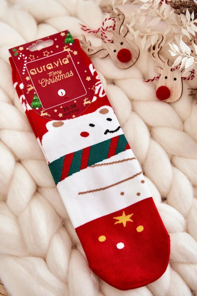 Skarpetki|Skarpetki>Aura.via Damskie Skarpety Ze Świątecznym Wzorem W Misia Czerwone