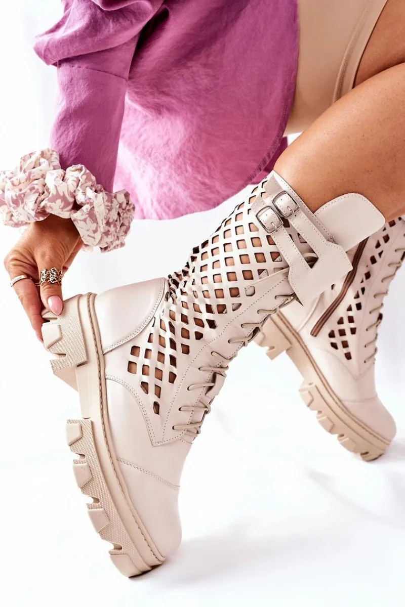 Discount Damskie Skórzane Ażurowe Botki Trapery Beżowe Hootie Damskie Damskie Trapery|Botki Sznurowane