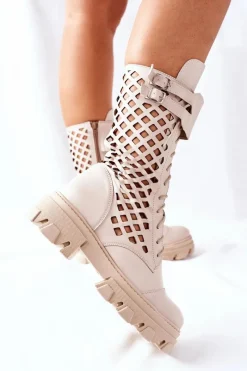 Discount Damskie Skórzane Ażurowe Botki Trapery Beżowe Hootie Damskie Damskie Trapery|Botki Sznurowane
