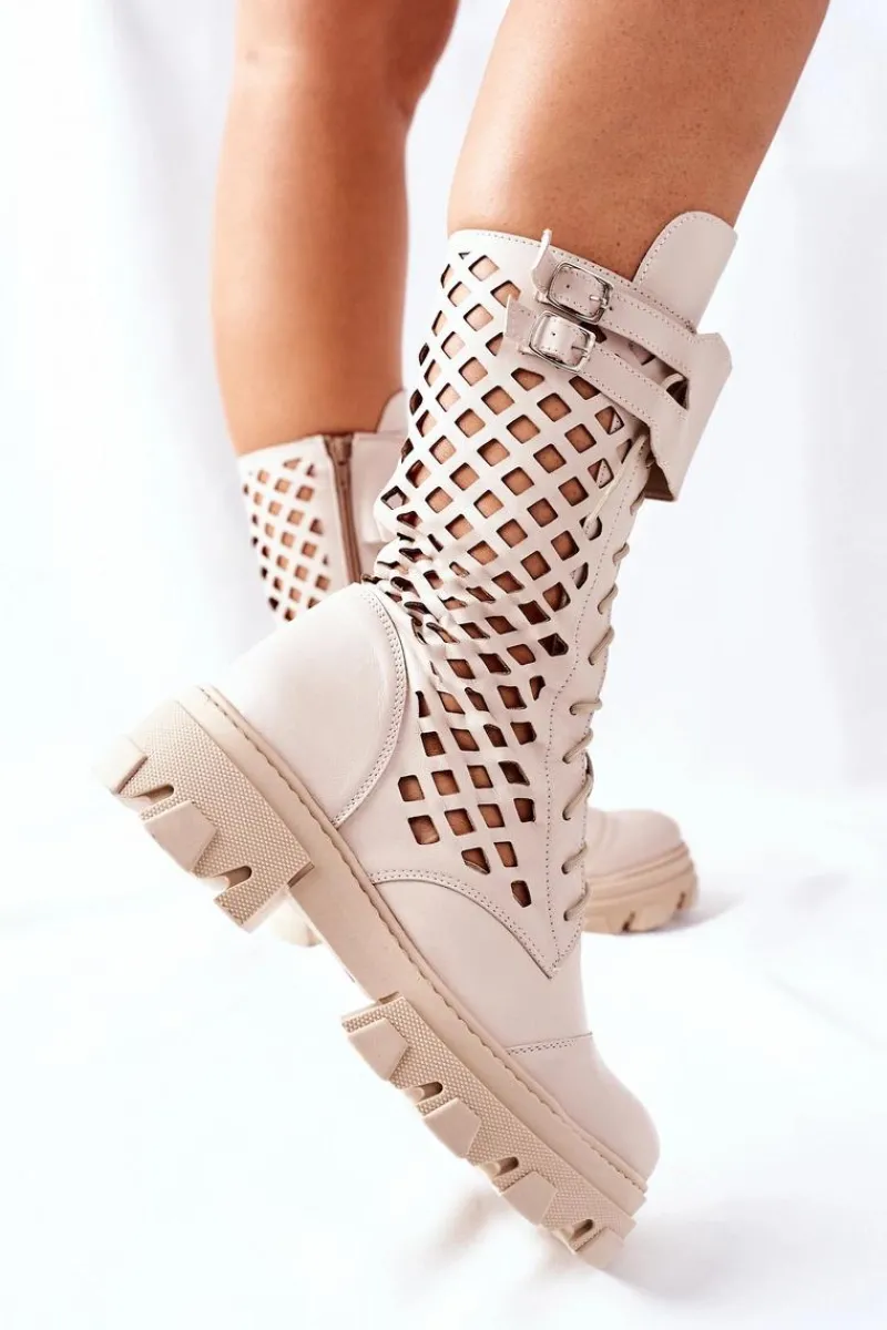 Discount Damskie Skórzane Ażurowe Botki Trapery Beżowe Hootie Damskie Damskie Trapery|Botki Sznurowane