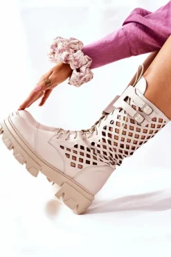 Discount Damskie Skórzane Ażurowe Botki Trapery Beżowe Hootie Damskie Damskie Trapery|Botki Sznurowane