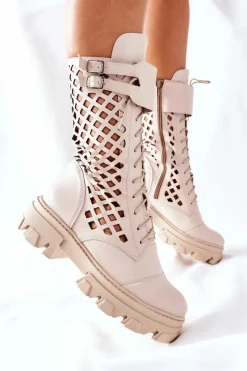 Discount Damskie Skórzane Ażurowe Botki Trapery Beżowe Hootie Damskie Damskie Trapery|Botki Sznurowane
