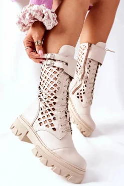 Discount Damskie Skórzane Ażurowe Botki Trapery Beżowe Hootie Damskie Damskie Trapery|Botki Sznurowane
