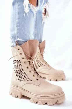 Hot Boto Damskie Skórzane Ażurowe Botki Trapery Beżowe Small Hootie