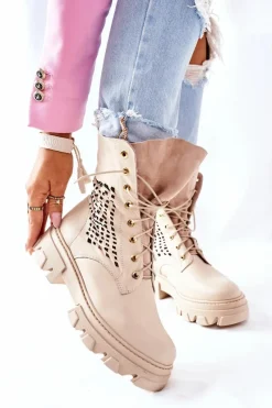 Hot Boto Damskie Skórzane Ażurowe Botki Trapery Beżowe Small Hootie
