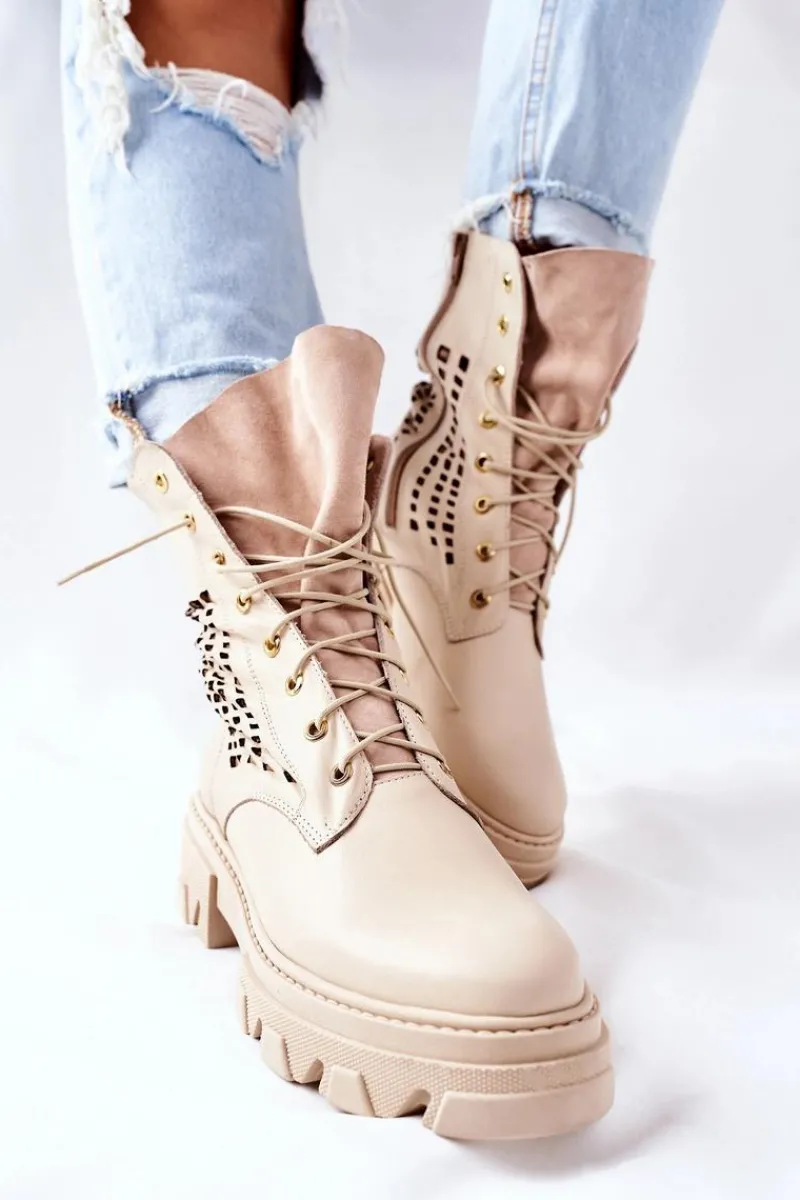 Hot Boto Damskie Skórzane Ażurowe Botki Trapery Beżowe Small Hootie