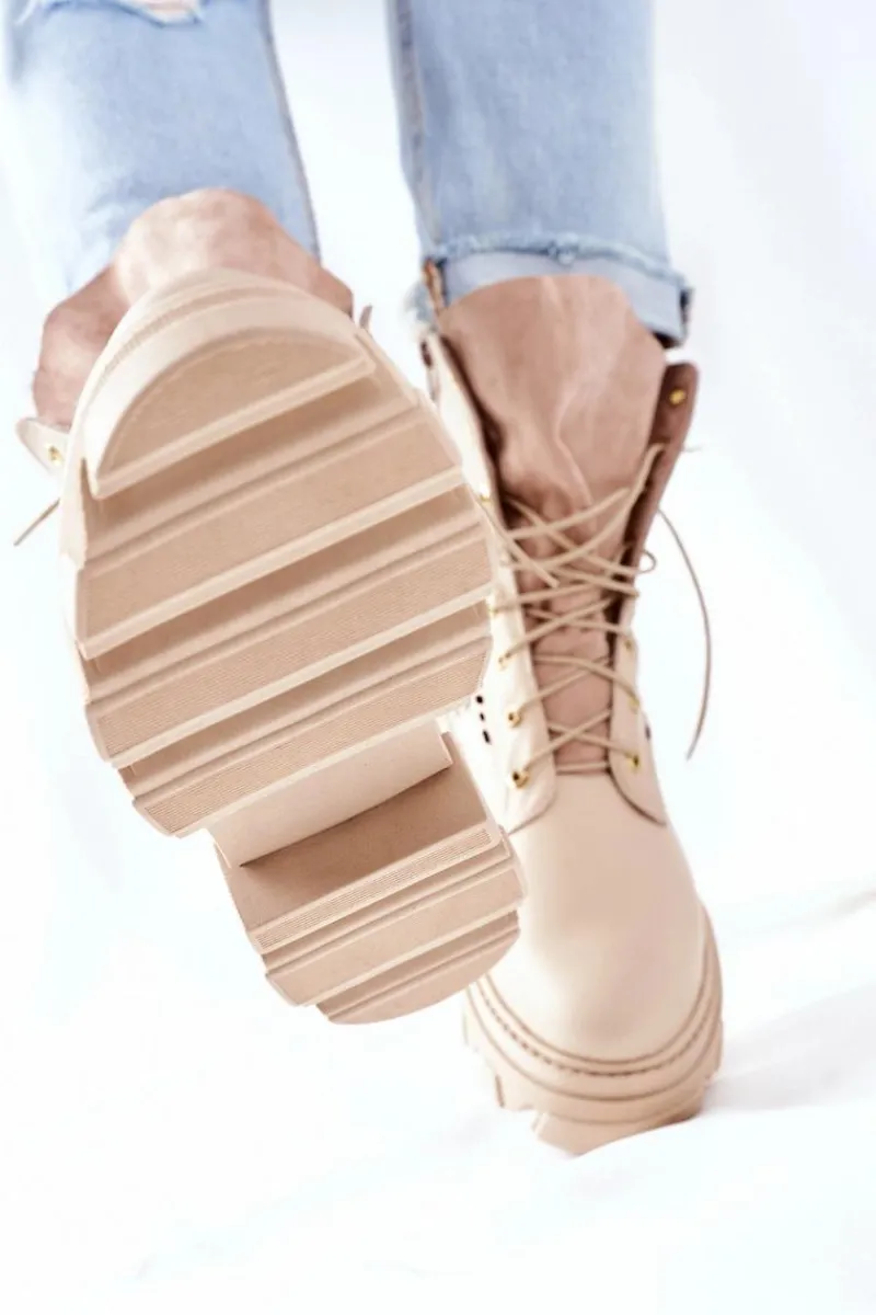 Hot Boto Damskie Skórzane Ażurowe Botki Trapery Beżowe Small Hootie