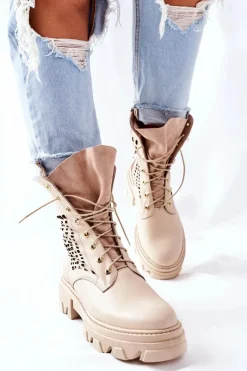 Hot Boto Damskie Skórzane Ażurowe Botki Trapery Beżowe Small Hootie