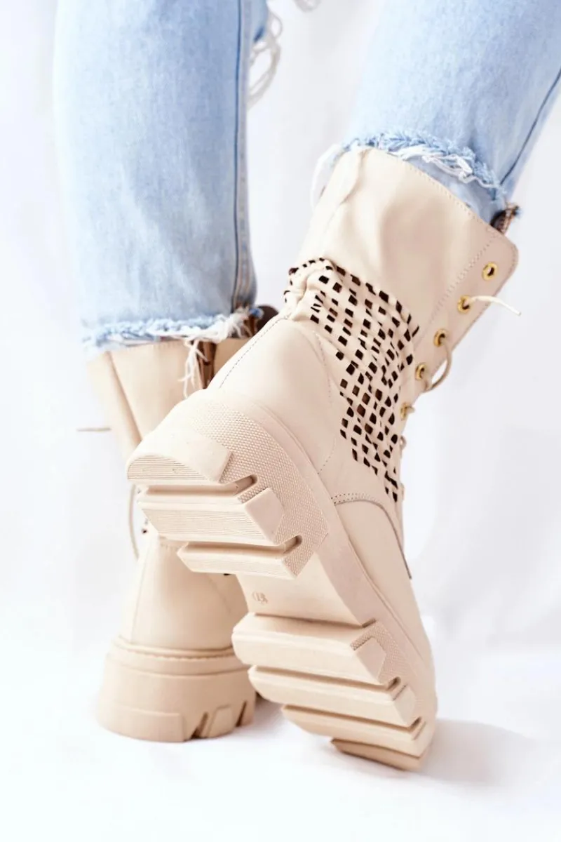 Hot Boto Damskie Skórzane Ażurowe Botki Trapery Beżowe Small Hootie