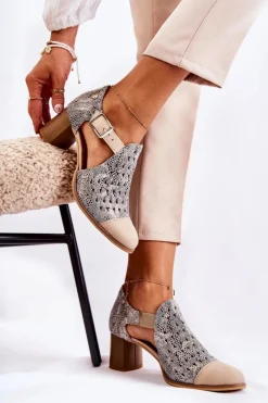 New Damskie Skórzane Ażurowe Botki 04962-04 Beżowe Damskie Botki Wiosenne|Botki Maciejka