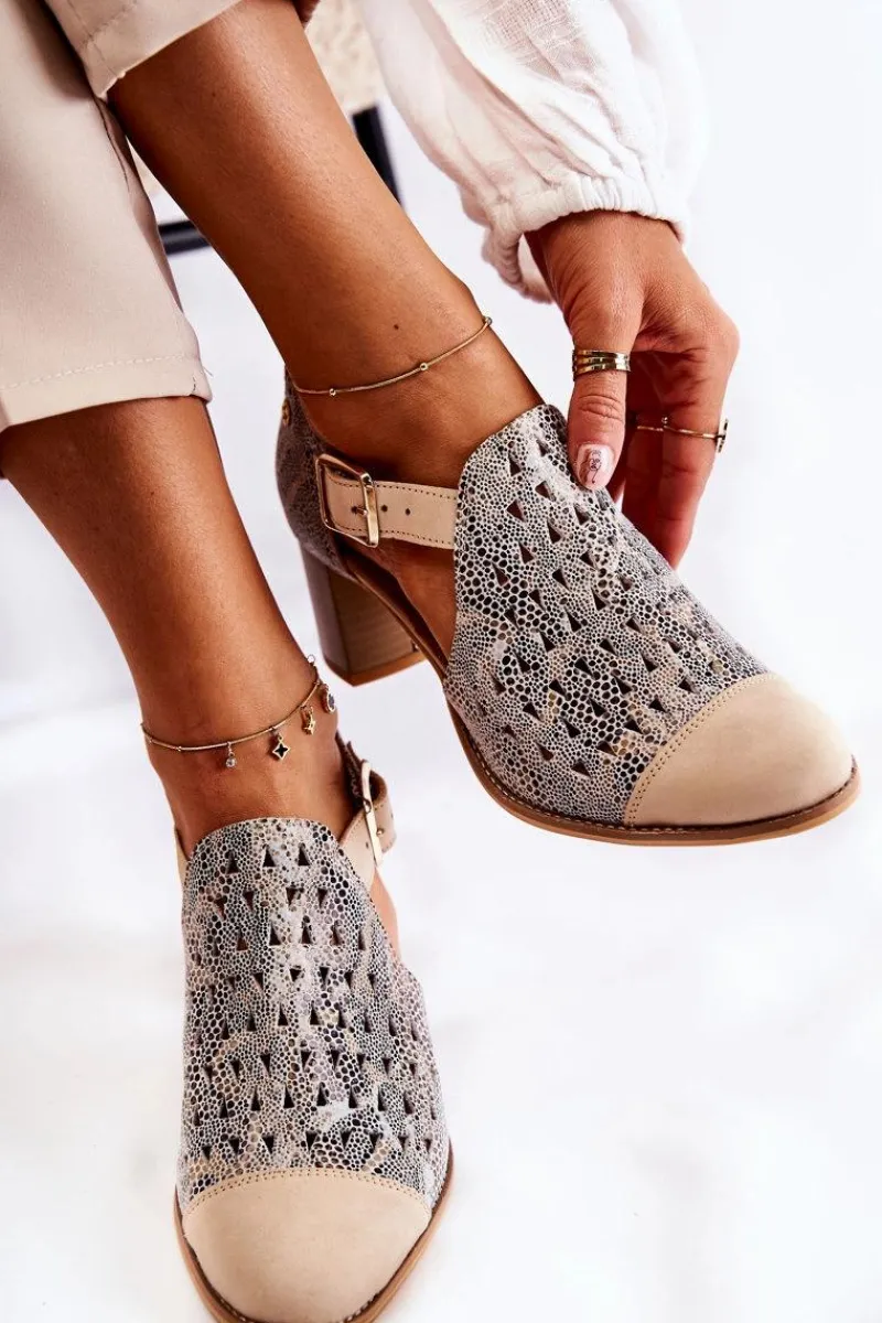 New Damskie Skórzane Ażurowe Botki 04962-04 Beżowe Damskie Botki Wiosenne|Botki Maciejka