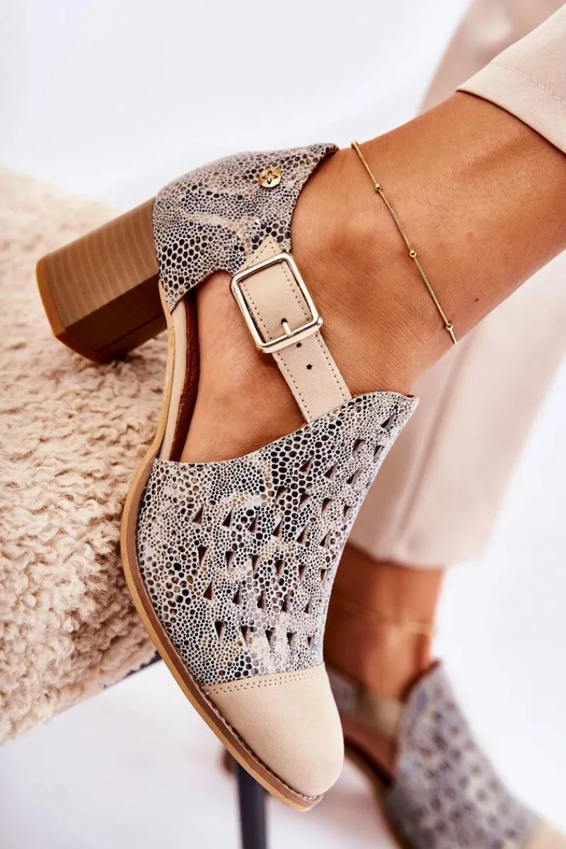 New Damskie Skórzane Ażurowe Botki 04962-04 Beżowe Damskie Botki Wiosenne|Botki Maciejka