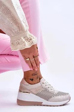 Outlet Damskie buty S.Barski Damskie Skórzane Ażurowe Buty Sportowe Jasnobeżowe Virginia