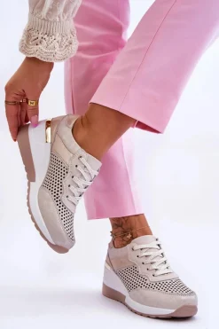 Outlet Damskie buty S.Barski Damskie Skórzane Ażurowe Buty Sportowe Jasnobeżowe Virginia