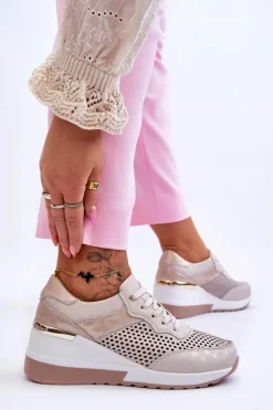 Outlet Damskie buty S.Barski Damskie Skórzane Ażurowe Buty Sportowe Jasnobeżowe Virginia