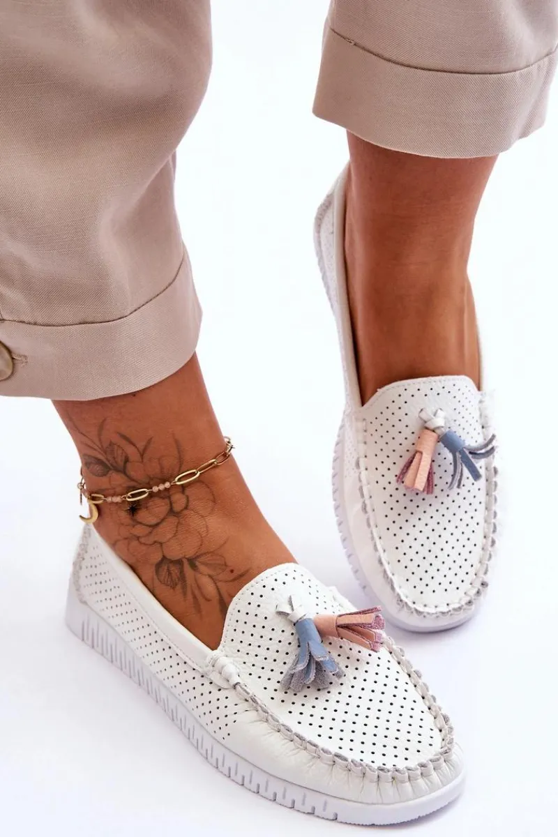 Damskie Skórzane Ażurowe Mokasyny Białe Lanzarot Damskie Loafersy Damskie|Mokasyny Damskie Skórzane