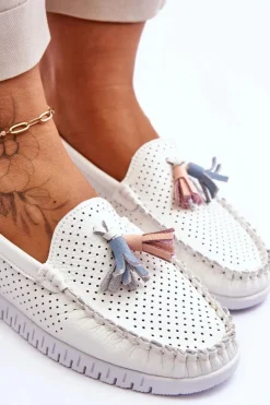 Damskie Skórzane Ażurowe Mokasyny Białe Lanzarot Damskie Loafersy Damskie|Mokasyny Damskie Skórzane