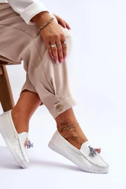 Damskie Skórzane Ażurowe Mokasyny Białe Lanzarot Damskie Loafersy Damskie|Mokasyny Damskie Skórzane