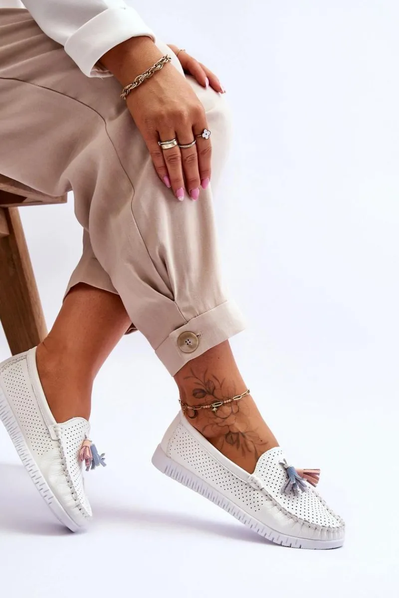 Damskie Skórzane Ażurowe Mokasyny Białe Lanzarot Damskie Loafersy Damskie|Mokasyny Damskie Skórzane