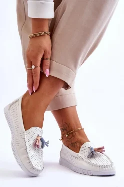 Damskie Skórzane Ażurowe Mokasyny Białe Lanzarot Damskie Loafersy Damskie|Mokasyny Damskie Skórzane