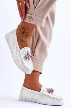 Damskie Skórzane Ażurowe Mokasyny Białe Lanzarot Damskie Loafersy Damskie|Mokasyny Damskie Skórzane