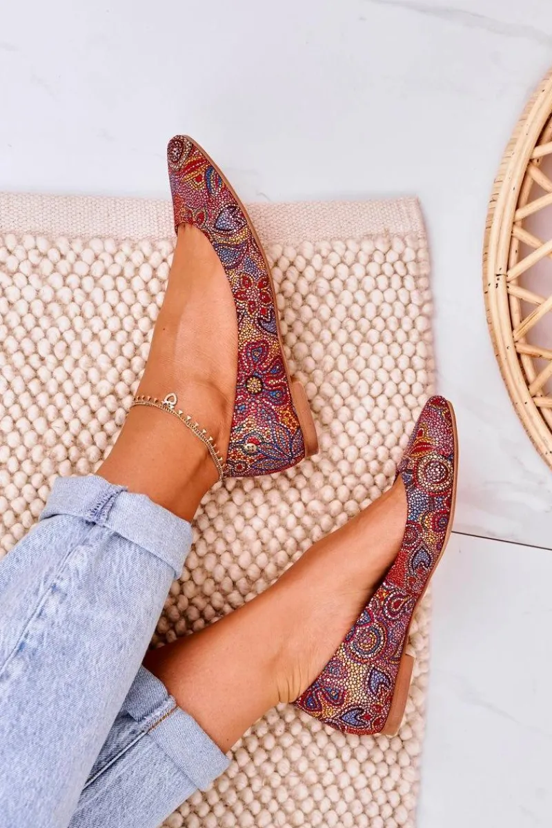 Baleriny Skórzane|Baleriny Klasyczne>Maciejka Damskie Skórzane Baleriny Czerwone W Kwiaty 04100-38